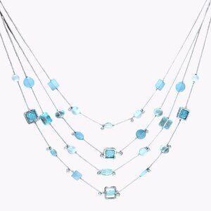 Elegant Blue Beaded Multi Strand Silver Tone Chain Statement Necklace Jewelry